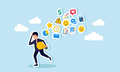 A businessman running with a lit lamp, followed and chased by business management items, illustration of working on business ideas and innovations while handling other tasks