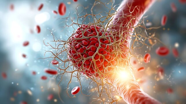 intricate visualization of deep vein thrombosis showcasing the clot formation within the vascular system, highlighting the narrowing of the blood vessel and potential risk of blood flow obstruction.
