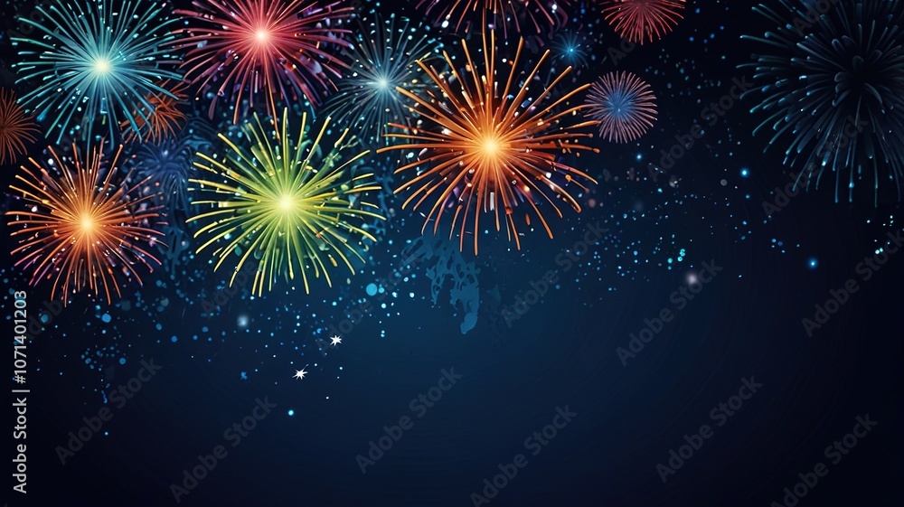 Poster fireworks on blue background with stars and space for text
