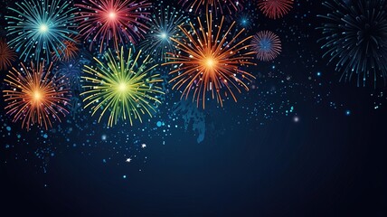 Fototapeta premium Fireworks on blue background with stars and space for text