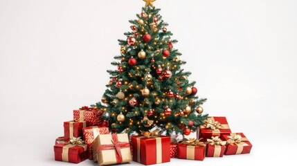 Beautifully lit Christmas tree, surrounded by presents, with elegant red and gold decorations, displayed on a white background