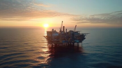 Sunset Reflection Over Offshore Oil Rig