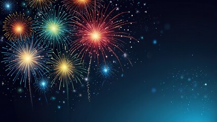 Fototapeta premium Fireworks on blue background with stars and space for text