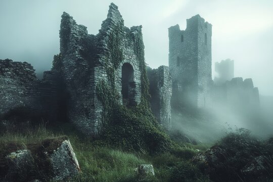 The ancient ruins of a stone castle, with crumbling towers and ivy-covered walls.