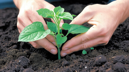 Hands at work.A pair of hands gently planting a young sprout in rich dark soil, symbolizing growth, ecological care and the cycle of life.Earth Day Image