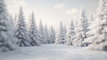 Fototapeta premium Christmas forest with snow, featuring frosty trees in a serene winter setting, ideal for holiday visuals.
