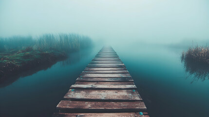 Fototapeta premium A wooden pier stretches into the fog-covered water, creating a mysterious and tranquil scene.