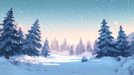 Christmas snow landscape with snowy pine trees, a perfect serene scene for winter holiday themes.