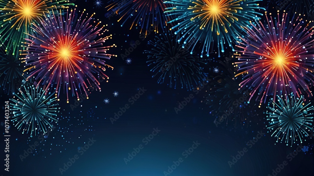 Poster fireworks on blue background with stars and space for text