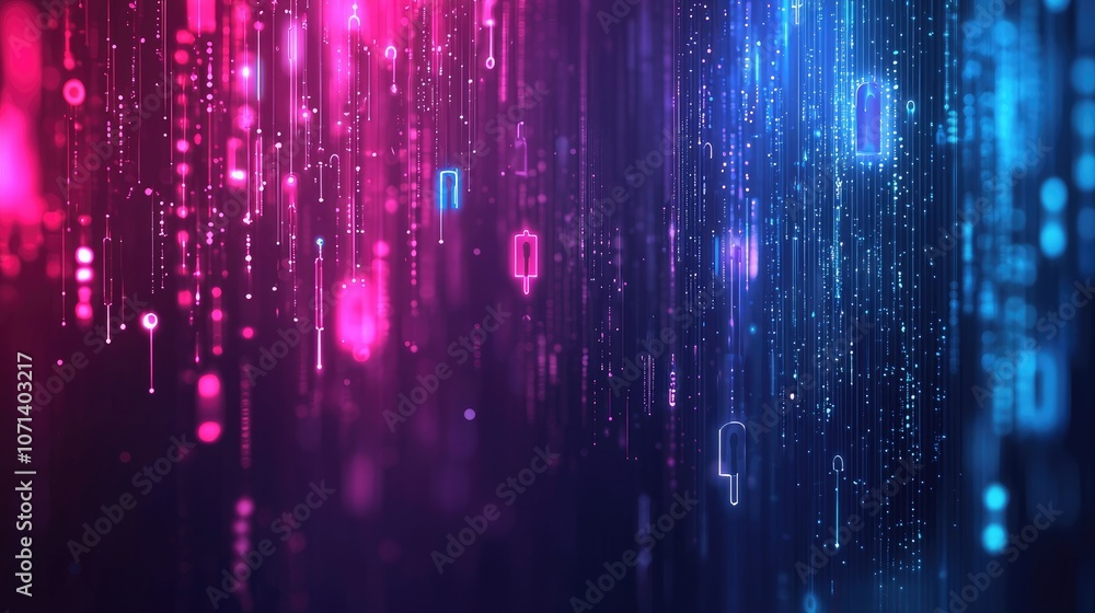 Poster abstract digital rain of glowing blue and pink binary code.