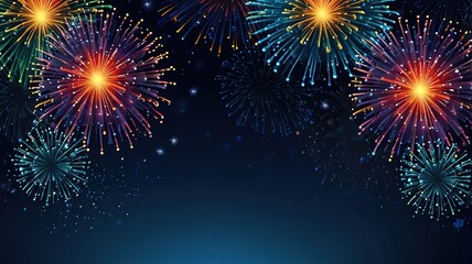 Fototapeta premium Fireworks on blue background with stars and space for text