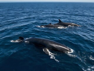Fototapeta premium Two Black Whales Swimming in Blue Water