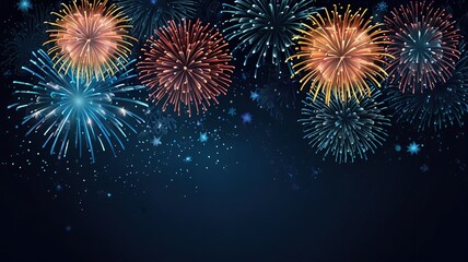 Fototapeta premium Fireworks on blue background with stars and space for text