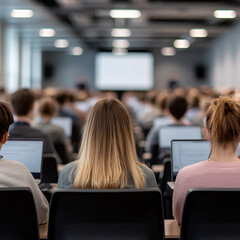 Fototapeta premium Modern lecture hall with rows of attendees focused on laptops, engaged in learning. atmosphere is professional and collaborative, ideal for educational events