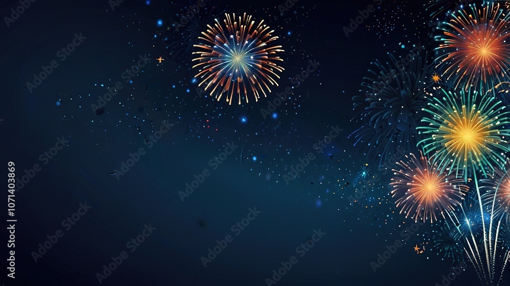 Poster fireworks on blue background with stars and space for text