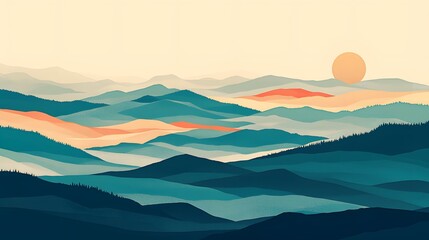 Fototapeta premium Mountain landscape in soft colors, with serene skies and rolling hills for a refreshing, nature-inspired design.
