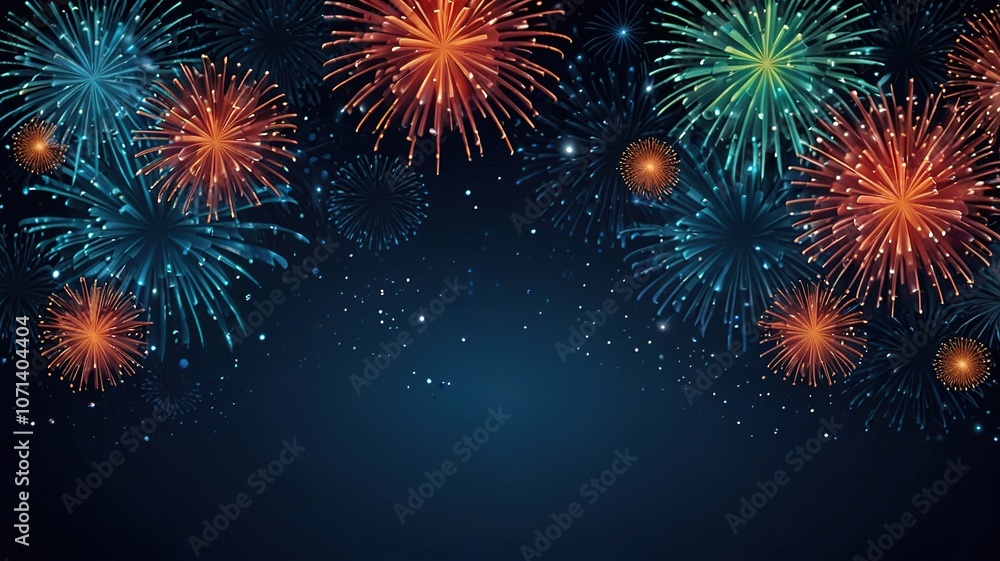 Poster fireworks on blue background with stars and space for text