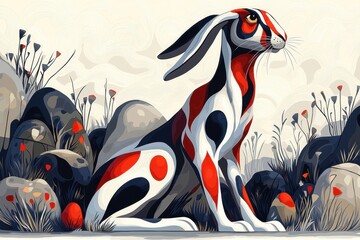 Obraz premium Stylish Red White Hare Sitting in Rocks Floral Background Art Print
