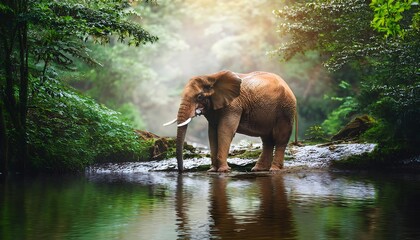 Fototapeta premium An elephant stands in a stream in a lush, sunlit forest.