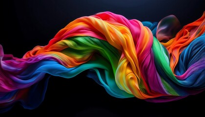 Fototapeta premium Brightly colored swirls of paint or fabric twist and flow against a black background.