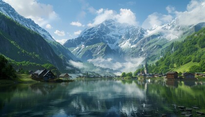 A picturesque mountain village nestled between snow-capped peaks and a tranquil lake, with the reflection of the mountains in the water.