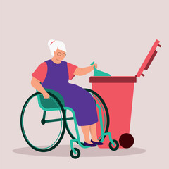 One Disabled Woman In Wheelchair Throwing Rubbish Into The Garbage Bin.