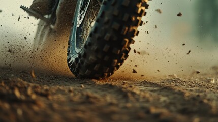 Close-up of spinning dirt bike tire on a dusty trail, an intense moment of off-road action and excitement.