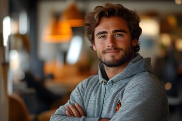 Fototapeta premium a young man standing confidently in a casual office, arms crossed, smiling. confident young man in casual office setting