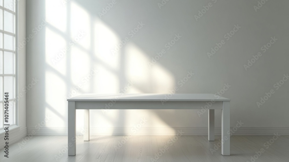 Poster a white table is sitting in a room with a window