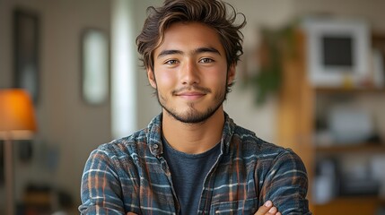 Obraz premium a young man standing confidently in a casual office, arms crossed, smiling. confident young man in casual office setting