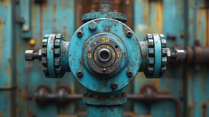 Close-up of a rusty blue fire hydrant with mechanical details.