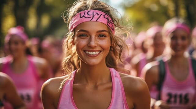 A joyful runner in a pink outfit participates in a race event.