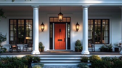 a front view of a modern white farmhouse featuring a vibrant red door, classic black light fixtures, and white pillars. modern farmhouse with red door detail