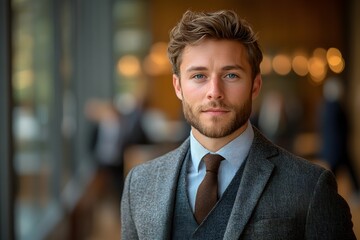 Fototapeta premium a young professional confidently posed in a sleek modern office, wearing a well-fitted suit with an expression of focus and determination. confident young professional in suit