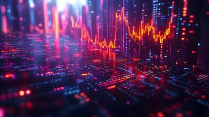 Obraz premium digital neon color corporate buildings with business graphs, charts of sales representation. sales analysis, business sales representation concept 