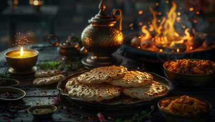 Fototapeta premium A rustic wooden table is set with an assortment of dishes, including naan bread, a teapot, and various spices. A lit candle and a fire add to the ambiance.