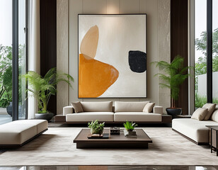 a minimalist living room in a luxury home, with a single piece of large, abstract artwork as the focal point.