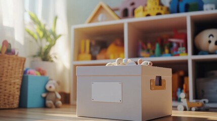 A white box with a label on it sits on a wooden floor in a room filled with toys