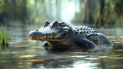 Obraz premium A crocodile partially submerged in a serene wetland environment.