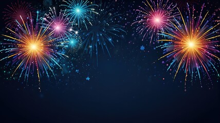 Fototapeta premium Fireworks on blue background with stars and space for text