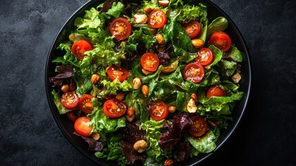 A fresh salad with greens, cherry tomatoes, and nuts in a bowl.