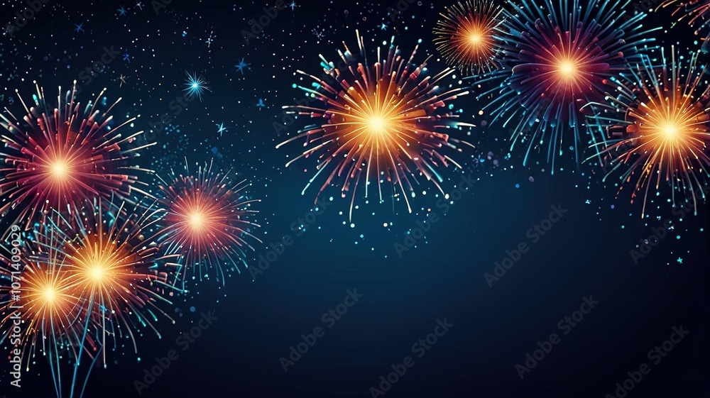 Poster fireworks on blue background with stars and space for text