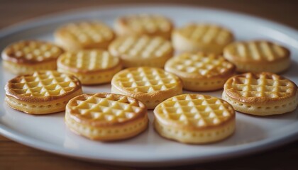 A plate of small, round, golden-brown waffle cookies with a slightly raised, diamond-patterned surface.