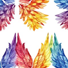 Watercolor seamless pattern of wings, merging bright colors, isolated on white.