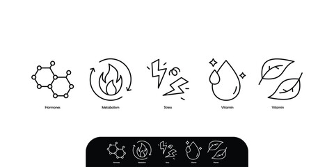 supplement packaging icon set hormones, metabolism, stress, vitamin, nutrition icon set vector illustration 