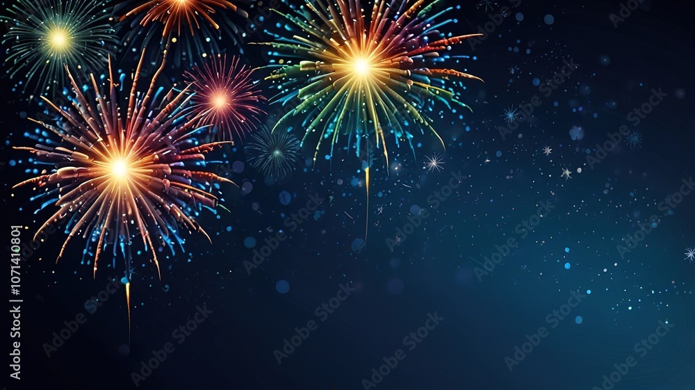Poster fireworks on blue background with stars and space for text
