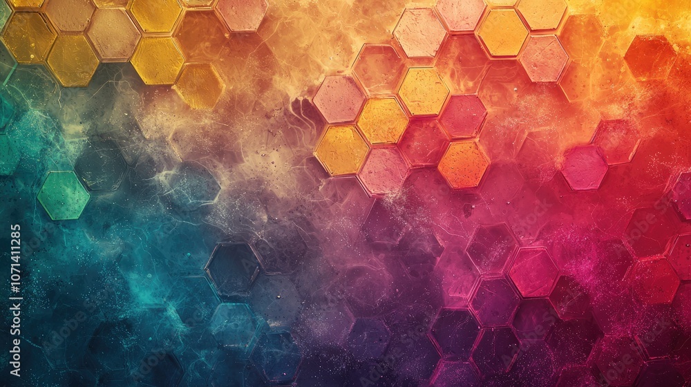 Poster abstract hexagonal pattern with colorful smoke.