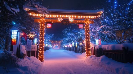 Obraz premium Snowy Night at a Beautiful Lantern-lit Pathway
