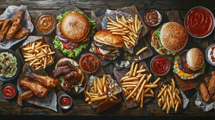 Fototapeta premium Delicious Gourmet Fast Food Spread on Wooden Table