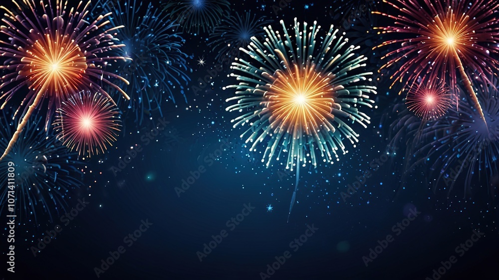 Poster fireworks on blue background with stars and space for text
